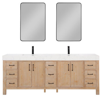 Vinnonva Leon 84'' W Freestanding Double Bathroom Vanity Set in Fir Wood Brown with Lightning White Composite Sink Top and Mirrors, Brown w/ White Top Set w/ Mirrors Product View