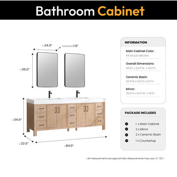 Vinnonva Leon 84'' W Freestanding Double Bathroom Vanity Set in Fir Wood Brown with Lightning White Composite Sink Top and Mirrors, Brown w/ White Top Set w/ Mirrors Dimensions