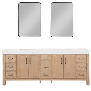 Vinnonva Leon 84'' W Freestanding Double Bathroom Vanity Set in Fir Wood Brown with Lightning White Composite Sink Top and Mirrors, Brown w/ White Top Set w/ Mirrors Product View 2