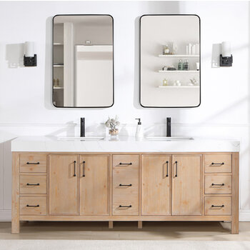 Vinnonva Leon 84'' W Freestanding Double Bathroom Vanity Set in Fir Wood Brown with Lightning White Composite Sink Top and Mirrors, Brown w/ White Top Set w/ Mirrors Front View