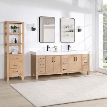 Vinnonva Leon 84'' W Freestanding Double Bathroom Vanity Set in Fir Wood Brown with Lightning White Composite Sink Top and Mirrors, Brown w/ White Top Set w/ Mirrors Lifestyle Angle View