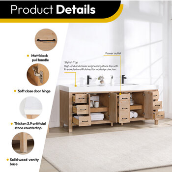 Vinnonva Leon 84'' W Freestanding Double Bathroom Vanity Set in Fir Wood Brown with Lightning White Composite Sink Top and Mirrors, Brown w/ White Top Set w/ Mirrors Product Details