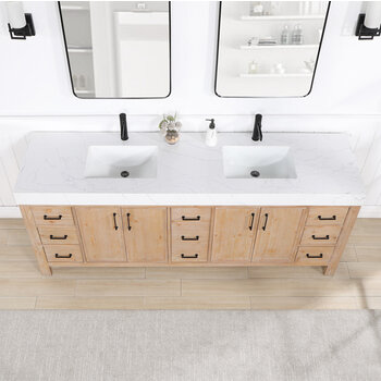 Vinnonva Leon 84'' W Freestanding Double Bathroom Vanity Set in Fir Wood Brown with Lightning White Composite Sink Top and Mirrors, Brown w/ White Top Set w/ Mirrors Overhead View