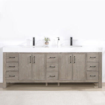 Vinnonva Leon 84'' W Freestanding Double Bathroom Vanity in Fir Wood Grey with Lightning White Composite Sink Top, Grey w/ White Top Front View