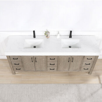 Vinnonva Leon 84'' W Freestanding Double Bathroom Vanity in Fir Wood Grey with Lightning White Composite Sink Top, Grey w/ White Top Overhead View