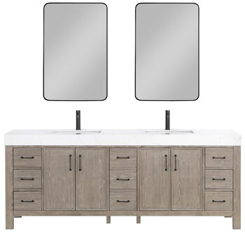 Vinnonva Leon 84'' W Freestanding Double Bathroom Vanity Set in Fir Wood Grey with Lightning White Composite Sink Top and Mirrors, Grey w/ White Top Set w/ Mirrors Product View