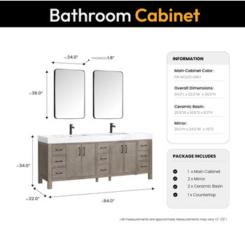 Vinnonva Leon 84'' W Freestanding Double Bathroom Vanity Set in Fir Wood Grey with Lightning White Composite Sink Top and Mirrors, Grey w/ White Top Set w/ Mirrors Dimensions
