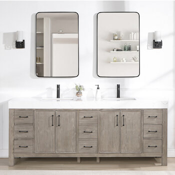 Vinnonva Leon 84'' W Freestanding Double Bathroom Vanity Set in Fir Wood Grey with Lightning White Composite Sink Top and Mirrors, Grey w/ White Top Set w/ Mirrors Front View