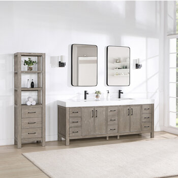 Vinnonva Leon 84'' W Freestanding Double Bathroom Vanity Set in Fir Wood Grey with Lightning White Composite Sink Top and Mirrors, Grey w/ White Top Set w/ Mirrors Lifestyle Angle View