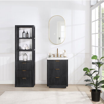Vinnova Cadiz 22'' W x  71-7/8'' H Storage Cabinet in Black with 3 Drawers and 3 Open Shelves for Bathroom and Living Room, Black Lifestyle Front View