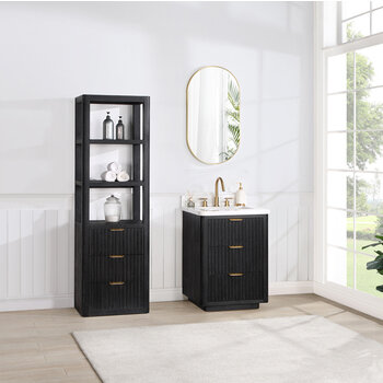 Vinnova Cadiz 22'' W x  71-7/8'' H Storage Cabinet in Black with 3 Drawers and 3 Open Shelves for Bathroom and Living Room, Black Lifestyle Angle View