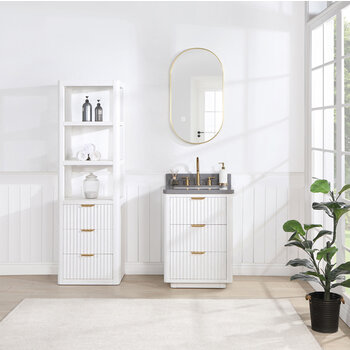 Vinnova Cadiz 22'' W x  71-7/8'' H Storage Cabinet in White with 3 Drawers and 3 Open Shelves for Bathroom and Living Room, White Lifestyle Front View