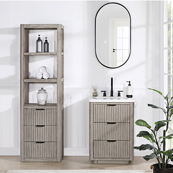 Vinnova Cadiz 22'' W x  71-7/8'' H Storage Cabinet in Grey with 3 Drawers and 3 Open Shelves for Bathroom and Living Room, Grey Lifestyle Front View