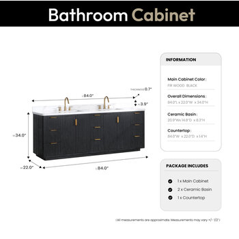 Vinnonva Cadiz 84'' W Freestanding Double Bathroom Vanity in Fir Wood Black with Lighting White Composite Top and Sinks, 84'' Black w/ White Top Dimensions