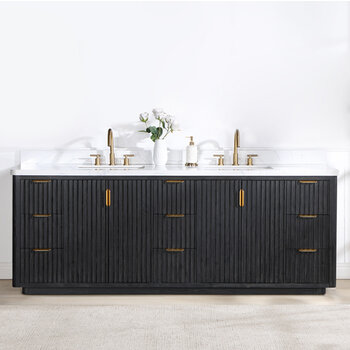 Vinnonva Cadiz 84'' W Freestanding Double Bathroom Vanity in Fir Wood Black with Lighting White Composite Top and Sinks, 84'' Black w/ White Top Lifestyle Front View