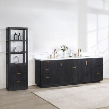 Vinnonva Cadiz 84'' W Freestanding Double Bathroom Vanity in Fir Wood Black with Lighting White Composite Top and Sinks, 84'' Black w/ White Top Lifestyle Angle View
