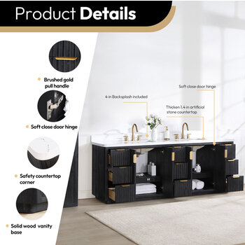 Vinnonva Cadiz 84'' W Freestanding Double Bathroom Vanity in Fir Wood Black with Lighting White Composite Top and Sinks, 84'' Black w/ White Top Product Details