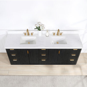 Vinnonva Cadiz 84'' W Freestanding Double Bathroom Vanity in Fir Wood Black with Lighting White Composite Top and Sinks, 84'' Black w/ White Top Overhead View
