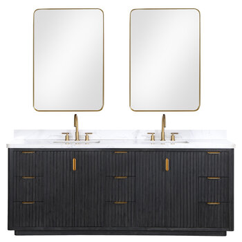 Vinnonva Cadiz 84'' W Freestanding Double Bathroom Vanity Set in Fir Wood Black with Lighting White Composite Top, Sinks, and Mirrors, 84'' Black w/ White Top Set w/ Mirrors Product View