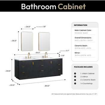 Vinnonva Cadiz 84'' W Freestanding Double Bathroom Vanity Set in Fir Wood Black with Lighting White Composite Top, Sinks, and Mirrors, 84'' Black w/ White Top Set w/ Mirrors Dimensions