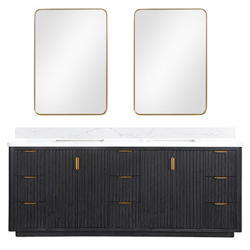 Vinnonva Cadiz 84'' W Freestanding Double Bathroom Vanity Set in Fir Wood Black with Lighting White Composite Top, Sinks, and Mirrors, 84'' Black w/ White Top Set w/ Mirrors Product View 2