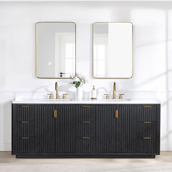 Vinnonva Cadiz 84'' W Freestanding Double Bathroom Vanity Set in Fir Wood Black with Lighting White Composite Top, Sinks, and Mirrors, 84'' Black w/ White Top Set w/ Mirrors Front View