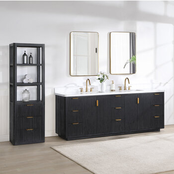 Vinnonva Cadiz 84'' W Freestanding Double Bathroom Vanity Set in Fir Wood Black with Lighting White Composite Top, Sinks, and Mirrors, 84'' Black w/ White Top Set w/ Mirrors Lifestyle Angle View