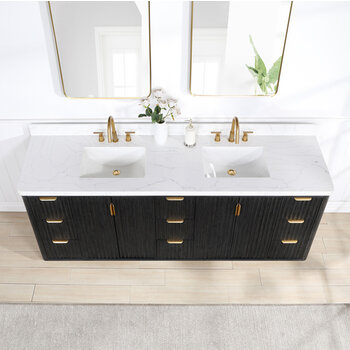 Vinnonva Cadiz 84'' W Freestanding Double Bathroom Vanity Set in Fir Wood Black with Lighting White Composite Top, Sinks, and Mirrors, 84'' Black w/ White Top Set w/ Mirrors Overhead View