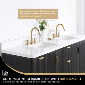 Vinnonva Cadiz 84'' W Freestanding Double Bathroom Vanity Set in Fir Wood Black with Lighting White Composite Top, Sinks, and Mirrors, 84'' Black w/ White Top Set w/ Mirrors Sink View