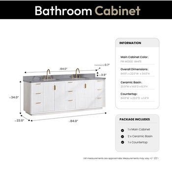 Vinnonva Cadiz 84'' W Freestanding Double Bathroom Vanity in Fir Wood White with Reticulated Grey Composite Top and Sinks, 84'' White w/ Grey Top Dimensions