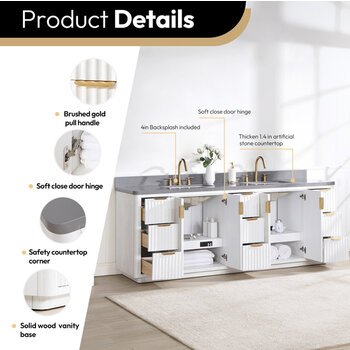 Vinnonva Cadiz 84'' W Freestanding Double Bathroom Vanity in Fir Wood White with Reticulated Grey Composite Top and Sinks, 84'' White w/ Grey Top Product Details