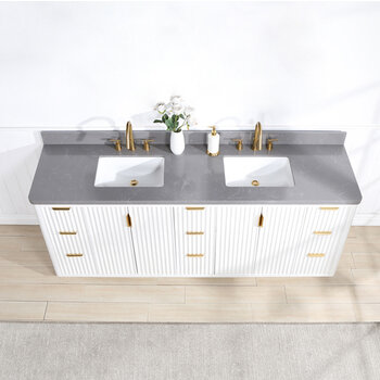 Vinnonva Cadiz 84'' W Freestanding Double Bathroom Vanity in Fir Wood White with Reticulated Grey Composite Top and Sinks, 84'' White w/ Grey Top Overhead View