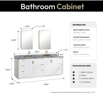 Vinnonva Cadiz 84'' W Freestanding Double Bathroom Vanity Set in Fir Wood White with Reticulated Grey Composite Top, Sinks, and Mirrors, 84'' White w/ Grey Top Set w/ Mirrors Dimensions