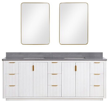 Vinnonva Cadiz 84'' W Freestanding Double Bathroom Vanity Set in Fir Wood White with Reticulated Grey Composite Top, Sinks, and Mirrors, 84'' White w/ Grey Top Set w/ Mirrors Product View 2