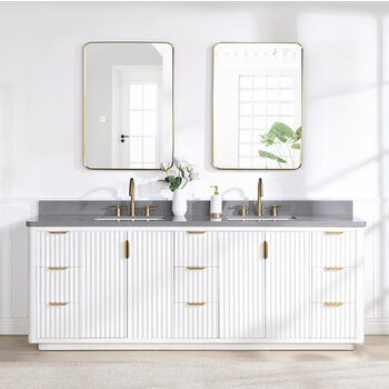 Vinnonva Cadiz 84'' W Freestanding Double Bathroom Vanity Set in Fir Wood White with Reticulated Grey Composite Top, Sinks, and Mirrors, 84'' White w/ Grey Top Set w/ Mirrors Front View