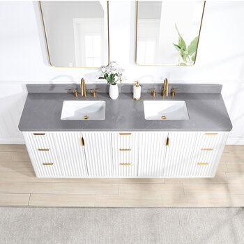 Vinnonva Cadiz 84'' W Freestanding Double Bathroom Vanity Set in Fir Wood White with Reticulated Grey Composite Top, Sinks, and Mirrors, 84'' White w/ Grey Top Set w/ Mirrors Overhead View