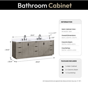 Vinnonva Cadiz 84'' W Freestanding Double Bathroom Vanity in Fir Wood Grey with Lighting White Composite Top and Sinks, 84'' Grey w/ White Top Dimensions