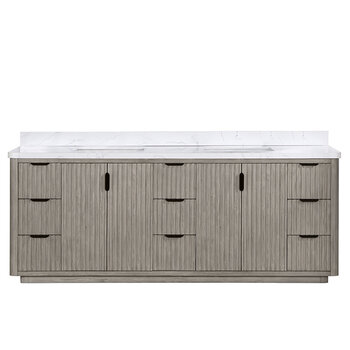 Vinnonva Cadiz 84'' W Freestanding Double Bathroom Vanity in Fir Wood Grey with Lighting White Composite Top and Sinks, 84'' Grey w/ White Top Product Front View
