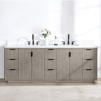 Vinnonva Cadiz 84'' W Freestanding Double Bathroom Vanity in Fir Wood Grey with Lighting White Composite Top and Sinks, 84'' Grey w/ White Top Lifestyle Front View