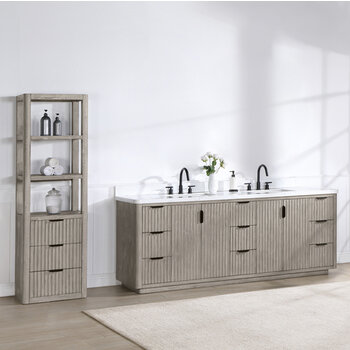 Vinnonva Cadiz 84'' W Freestanding Double Bathroom Vanity in Fir Wood Grey with Lighting White Composite Top and Sinks, 84'' Grey w/ White Top Lifestyle Angle View
