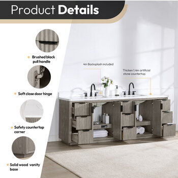 Vinnonva Cadiz 84'' W Freestanding Double Bathroom Vanity in Fir Wood Grey with Lighting White Composite Top and Sinks, 84'' Grey w/ White Top Product Details