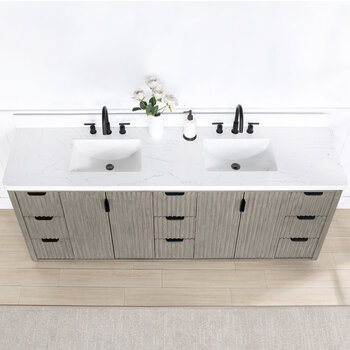 Vinnonva Cadiz 84'' W Freestanding Double Bathroom Vanity in Fir Wood Grey with Lighting White Composite Top and Sinks, 84'' Grey w/ White Top Overhead View