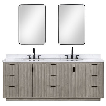 Vinnonva Cadiz 84'' W Freestanding Double Bathroom Vanity Set in Fir Wood Grey with Lighting White Composite Top, Sinks, and Mirrors, 84'' Grey w/ White Top Set w/ Mirrors Product View