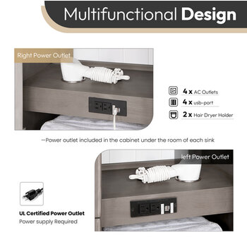 Vinnonva Cadiz 84'' W Freestanding Double Bathroom Vanity Set in Fir Wood Grey with Lighting White Composite Top, Sinks, and Mirrors, 84'' Grey w/ White Top Set w/ Mirrors Multi Functional Design