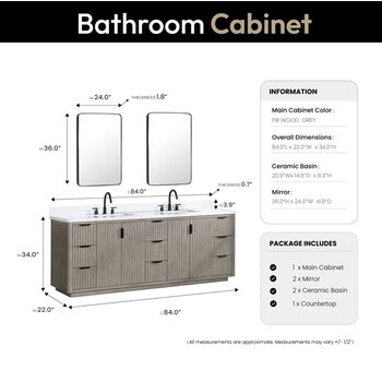 Vinnonva Cadiz 84'' W Freestanding Double Bathroom Vanity Set in Fir Wood Grey with Lighting White Composite Top, Sinks, and Mirrors, 84'' Grey w/ White Top Set w/ Mirrors Dimensions