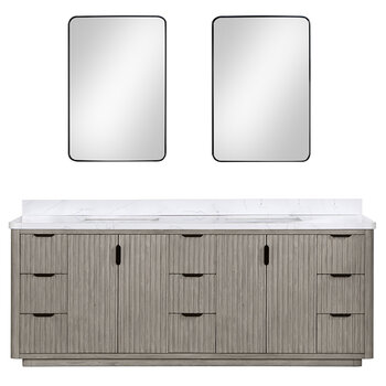 Vinnonva Cadiz 84'' W Freestanding Double Bathroom Vanity Set in Fir Wood Grey with Lighting White Composite Top, Sinks, and Mirrors, 84'' Grey w/ White Top Set w/ Mirrors Product View 2