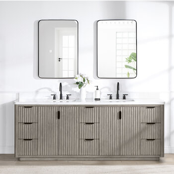 Vinnonva Cadiz 84'' W Freestanding Double Bathroom Vanity Set in Fir Wood Grey with Lighting White Composite Top, Sinks, and Mirrors, 84'' Grey w/ White Top Set w/ Mirrors Front View