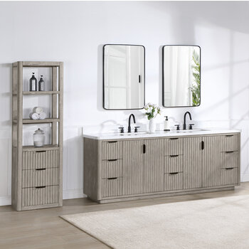 Vinnonva Cadiz 84'' W Freestanding Double Bathroom Vanity Set in Fir Wood Grey with Lighting White Composite Top, Sinks, and Mirrors, 84'' Grey w/ White Top Set w/ Mirrors Lifestyle Angle View