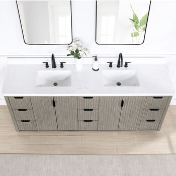 Vinnonva Cadiz 84'' W Freestanding Double Bathroom Vanity Set in Fir Wood Grey with Lighting White Composite Top, Sinks, and Mirrors, 84'' Grey w/ White Top Set w/ Mirrors Overhead View