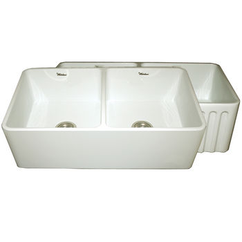 Whitehaus Reversible Series Double Bowl Fireclay Sink with Smooth Front Apron, Biscuit, 33"W x 18"D x 10"H